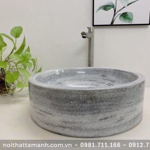 Chậu Lavabo đá tự nhiên tròn dày đáy thẳng Xám Nghệ An XDT12