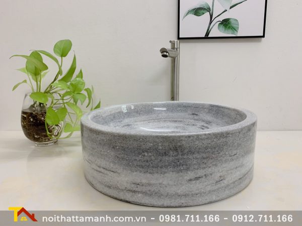 Chậu Lavabo đá tự nhiên tròn dày đáy thẳng Xám Nghệ An XDT12