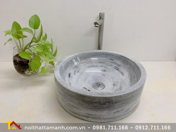 Chậu Lavabo đá tự nhiên tròn dày đáy thẳng Xám Nghệ An XDT12