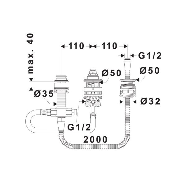 Bộ âm cho bộ trộn bồn tắm 3 lỗ Hafele 589.52.401