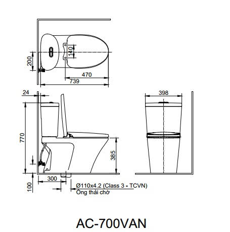 Bản vẽ kỹ thuật - Bàn cầu Inax AC-700VAN 2 khối nắp êm