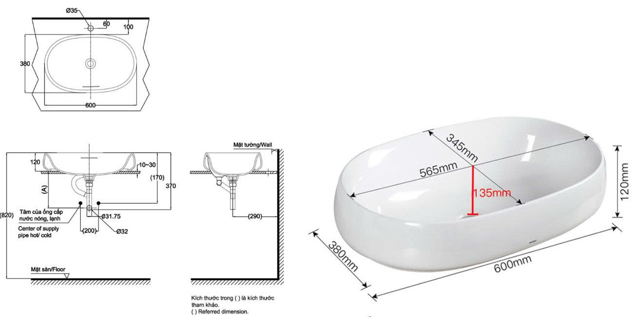 Thông số chi tiết của Chậu rửa đặt bàn PJS05WE#GW dáng Oval màu trắng bóng
