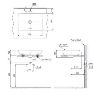 Bản vẽ chậu rửa đặt bàn TOTO LT1735#XW