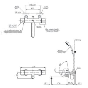 Bản vẽ lắp đặt sen tắm nóng lạnh TOTO TBV03427V/TBW01008A