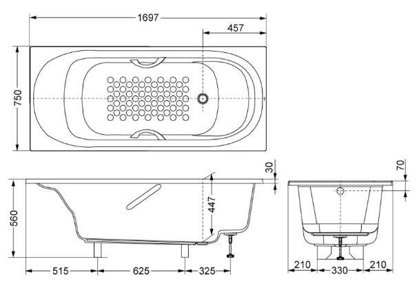 Bản vẽ thiết kế của Bồn tắm nằm TOTO PPY1750HPE#PDB505R-3BTVBF412