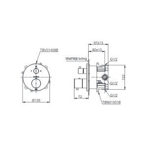 Bản vẽ van điều chỉnh nhiệt độ TOTO TBV01408BTBN01001B