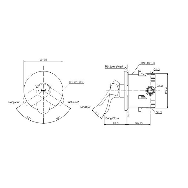 Bản vẽ van gật gù TOTO TBG10303VA/TBN01001B