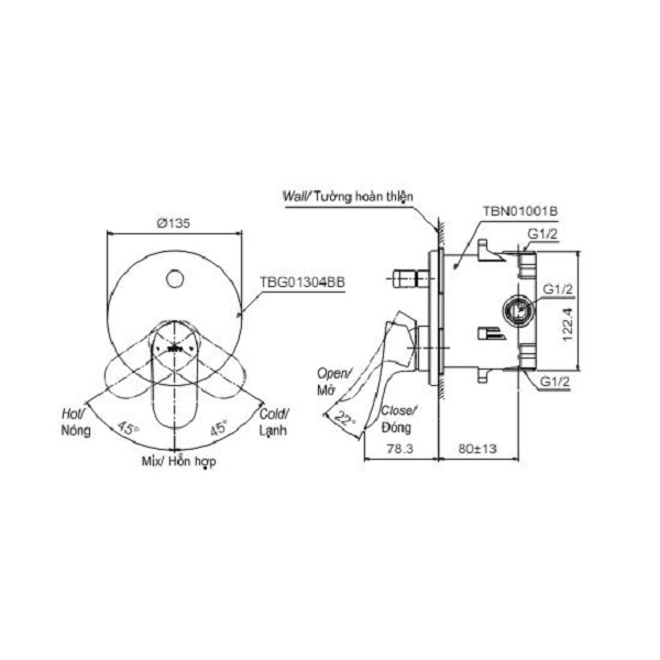 Bản vẽ van gật gù TOTO TBG01304BATBN01001B