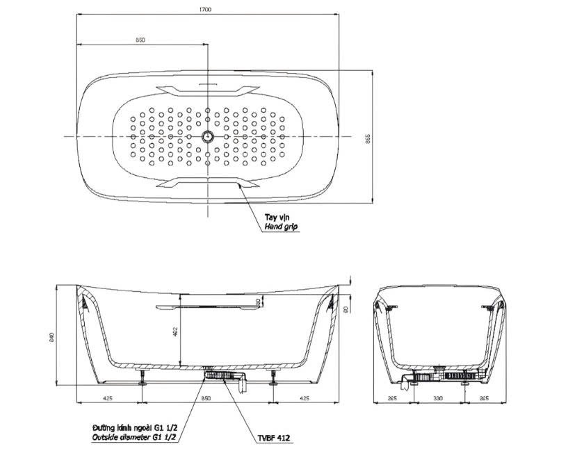 Bồn tắm nằm TOTO PJY1734HPWEN#MW/TVBF412