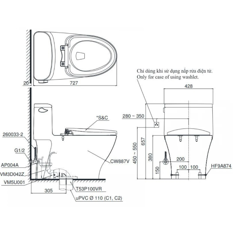 Bản vẽ kỹ thuật Bồn cầu 1 khối TOTO MS887CRW15 kết hợp Washlet