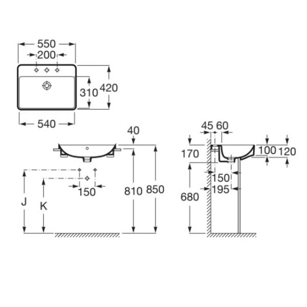 Bản vẽ thông số chậu nửa âm mặt bàn INSPIRA ROCA A32753S640