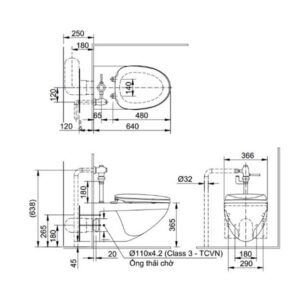 Bản vẽ bàn cầu treo tường Inax AC-22P + CW-H18VN