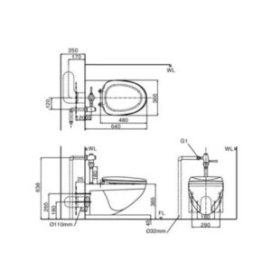 Bản vẽ bàn cầu treo tường Inax AC-22P + CW-H20VN