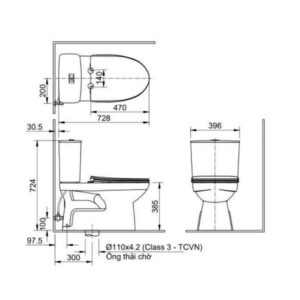 Bản vẽ bồn cầu 2 khối Inax C-514A + CW - S15VN