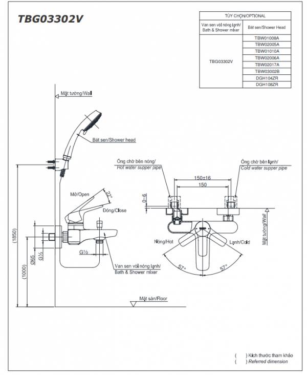 Bản vẽ kỹ thuật của Bản vẽ kỹ thuật của Bộ sen vòi nóng lạnh TOTO TBG03302VA/DGH104ZR
