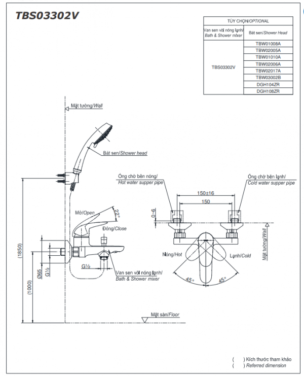 Bản vẽ kỹ thuật của Bộ sen vòi nóng lạnh TOTO TBS03302V/DGH104ZR
