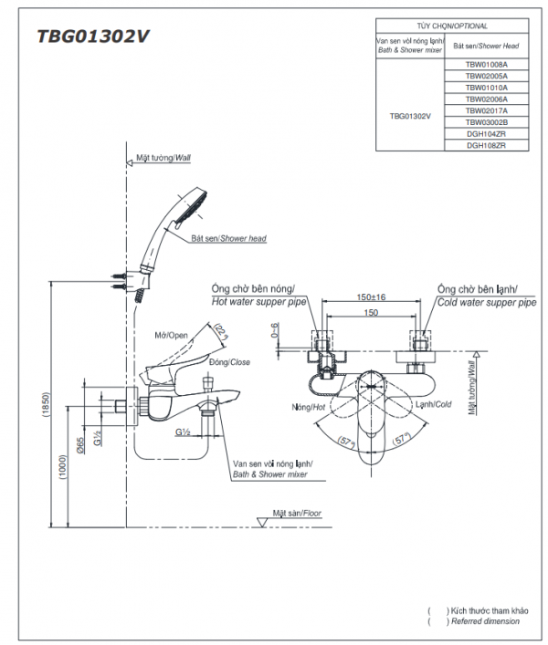 Bản vẽ kỹ thuật của Bộ sen vòi nóng lạnh TOTO TBG01302VA/DGH104ZR