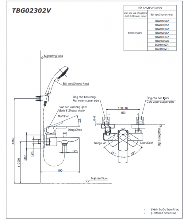 Bản vẽ kỹ thuật của Bộ sen vòi nóng lạnh TOTO TBG02302VA/DGH104ZR