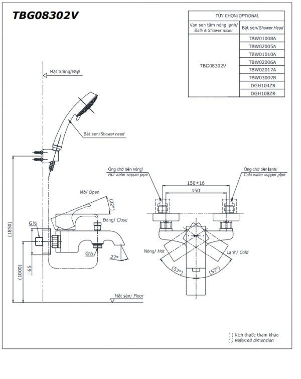 Bản vẽ kỹ thuật của Bộ sen vòi nóng lạnh TOTO TBG08302VA/DGH104ZR